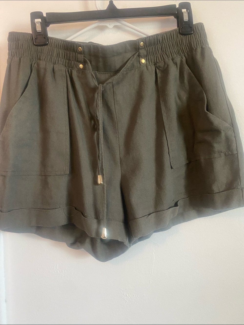 High-Rise Olive Drawstring Linen-Blend Women's Shorts